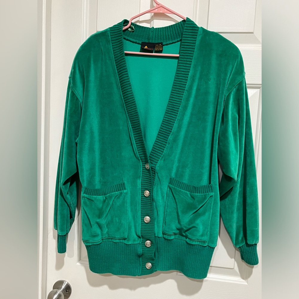 LIZ-SPORT VINTAGE Emerald Green Velvet Button-Up Cardigan SIZE M